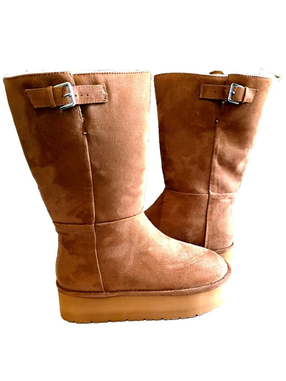Madden Girl Eclipse Platform Boots Brown Tan Faux Fur Lined Buckle -7.5M  NEW